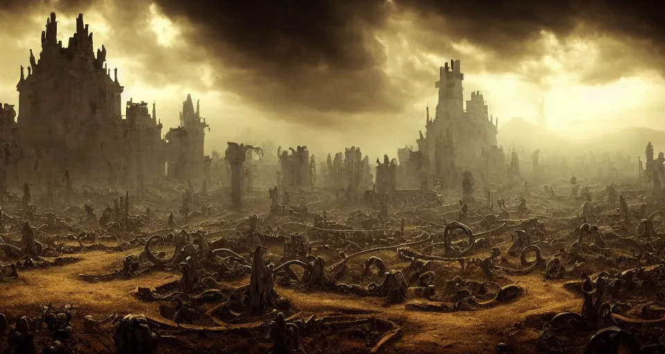 Image similar to bone labyrinth made out of gigantic monster bones, art deco medieval style, grimdark vibes, golden skeleton statue in center of labyrinth, abandoned vibes, gloomy moody clouds, god sun rays, complimentary color scheme, G liulian Art style, dynamic lighting, highly detailed, cinematic landscape, octane render, unreal engine