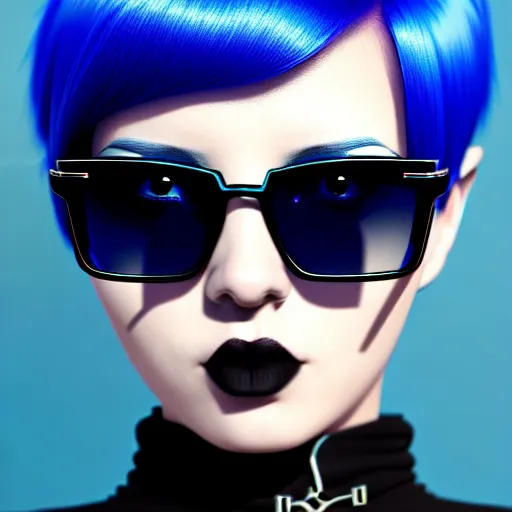 Prompt: realistic high key portrait photo of a beautiful goth girl with asymmetrical blue hair and badass euro design sunglasses by shin jeongho, nick silva and ilya kuvshinov, deviantart, 8 k resolution