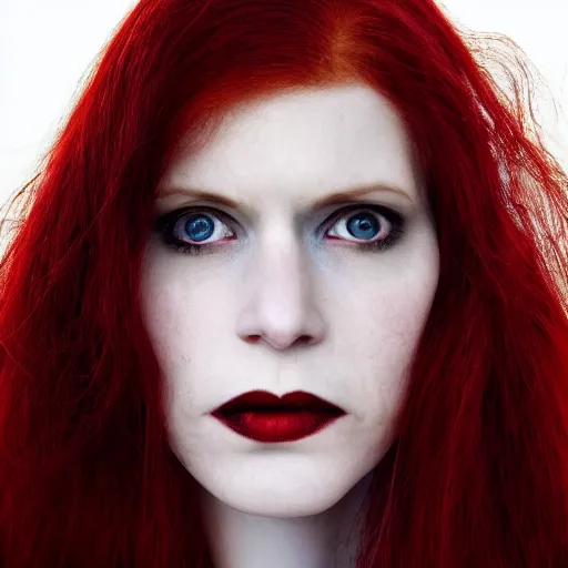 Prompt: a close up portrait of a pale woman vampire with red hair, award winning photography, ultra high detail, hd, 8k, by Martin Schoeller