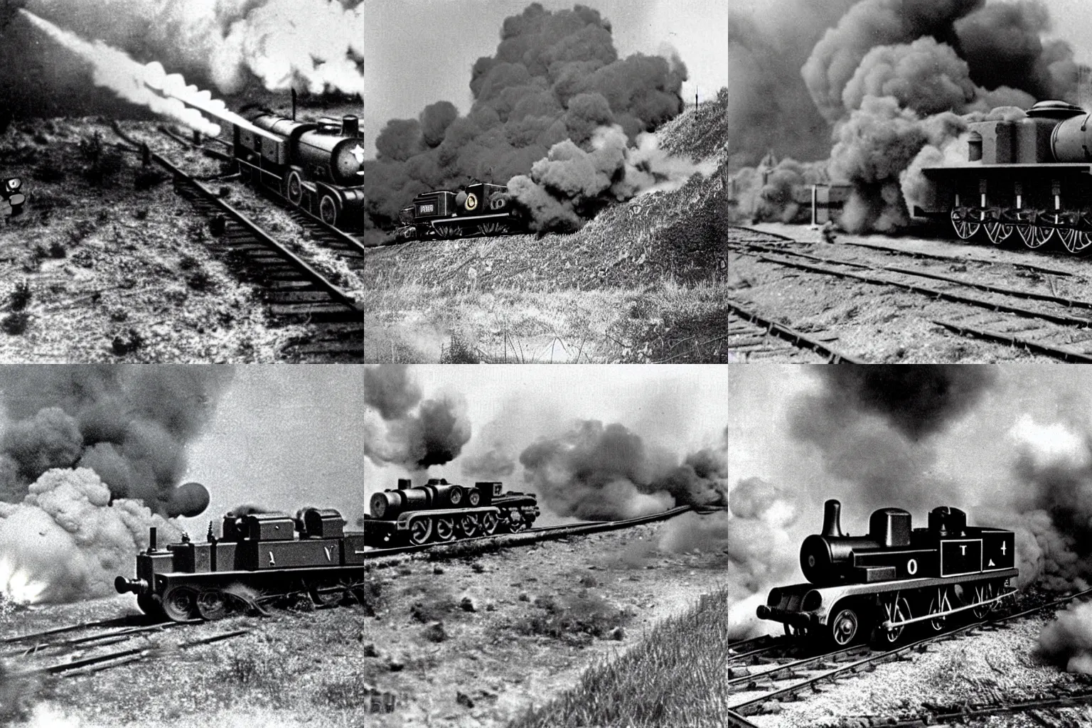 Prompt: WW2 era photograph of Thomas-tank-engine as 800mm German rail artillery Dora firing off a shot