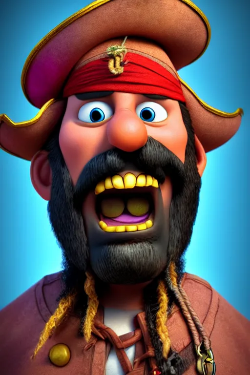 Image similar to portrait of the pirate blackbeard, full body. pixar disney 4 k 3 d render funny animation movie oscar winning trending on artstation and behance. ratatouille style.