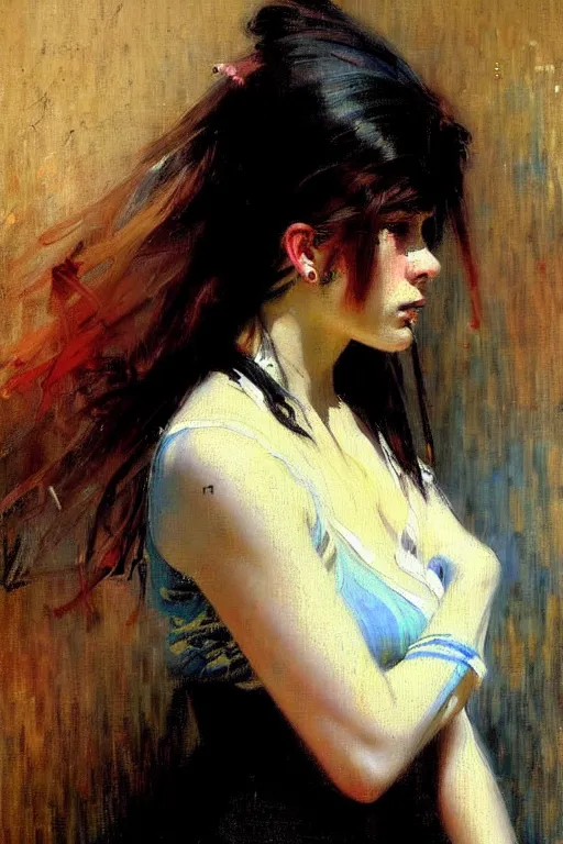 Image similar to impressionist brushstrokes!!!! solomon joseph solomon and richard schmid and jeremy lipking victorian loose genre loose painting full length portrait painting of a young beautiful woman punk rocker