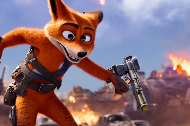 Image similar to nick wilde ( from zootopia ), heavily armed and armored facing down armageddon in a dark and gritty reboot from the makers of mad max : fury road