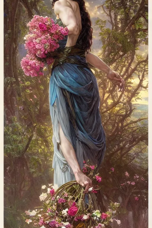 Image similar to portrait of gal gadot as beautiful mysterious woman holding a bouquet of flowing flowers, hands hidden under the bouquet, fantasy, regal, intricate, by stanley artgerm lau, greg rutkowski, thomas kindkade, alphonse mucha, loish, norman rockwell