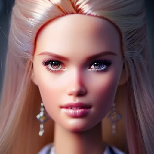 Image similar to a beautiful portrait of cute barbie ; crisp sharp focus ; ultra realistic, concept art, intricate details, stunning model, highly detailed, photorealistic, octane render, 8 k, unreal engine. art by artgerm and greg rutkowski and charlie bowater and magali villeneuve and alphonse mucha