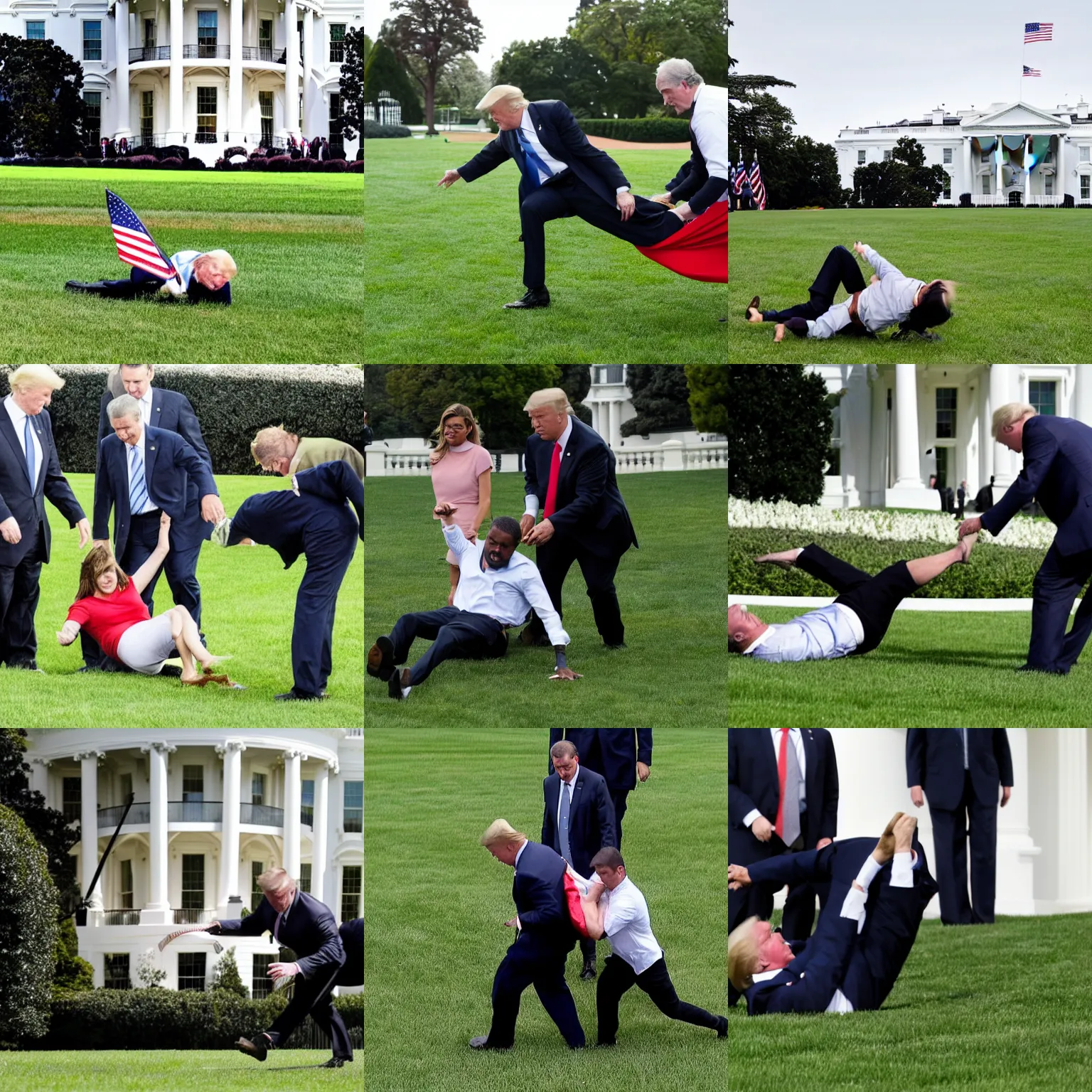 Prompt: United States President Being Dragged on White House Lawn