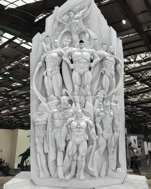 Prompt: a giant white marble sculpture depicting the Justice league, detailed, intricate Marble sculptures of Green Lantern, Flash, Superman, Batman, Wonder Woman, Aquaman and Martian Manhunter all carved out of one giant Block of Marble