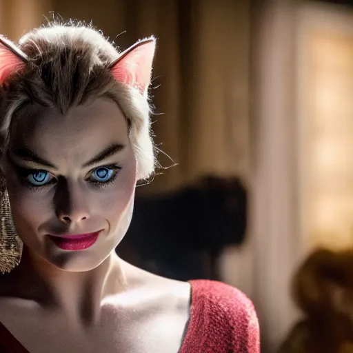 Image similar to Margot Robbie in the movie CATS, movie scene, XF IQ4, 150MP, 50mm, F1.4, ISO 200, 1/160s, natural light