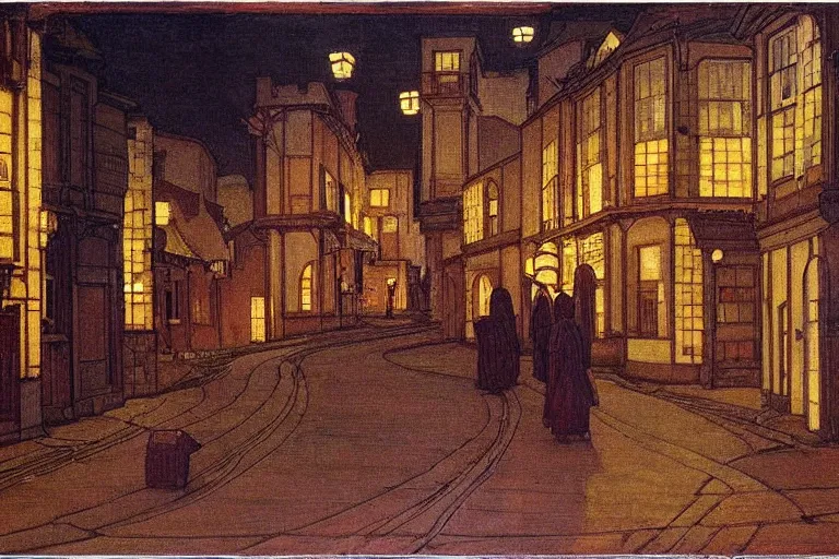 Image similar to winding street at midnight in a very old very beautiful city by ford madox brown and Nicholas Roerich and jean delville, glowing paper lanterns, strong dramatic cinematic lighting , ornate tiled architecture, lost civilizations, smooth, sharp focus, extremely detailed