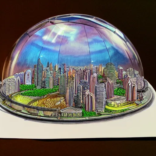 Prompt: Accurate and realistic representation of a city trapped inside a crystal clear dome. Harmonic colored disposition, expertly blended and shaded. HD. 8k. 4.k HQ. UHD . Colored pencils and color inks on two joined sheets of paper