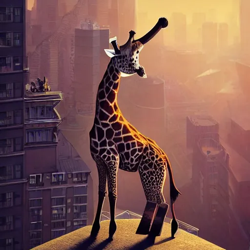Prompt: a full body painting of a [ giraffe standing on rooftop ] [ no people ], intricate, epic lighting, cinematic composition, hyper realistic, 8 k resolution, unreal engine 5, by artgerm, tooth wu, dan mumford, beeple, wlop, rossdraws, james jean, andrei riabovitchev, marc simonetti, artstation