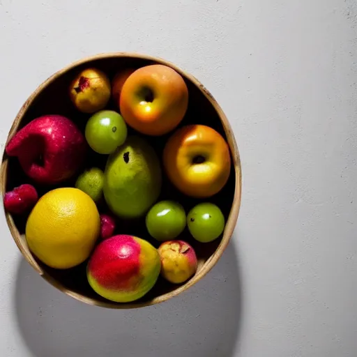 Image similar to a fruit bowl, view from above, movie still, 8 k