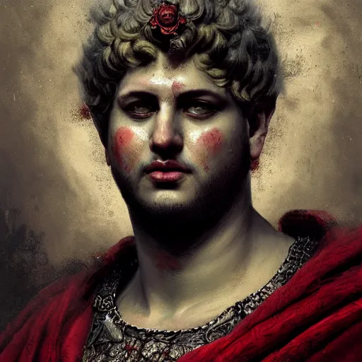 Prompt: detailed portrait of emperor nero, old roman style, non - reflective red cloak, decorated with traditional roman ornaments by ismail inceoglu dragan bibin hans thoma greg rutkowski alexandros pyromallis nekro rene maritte illustrated, perfect face, fine details, realistic shaded, fine - face, pretty face