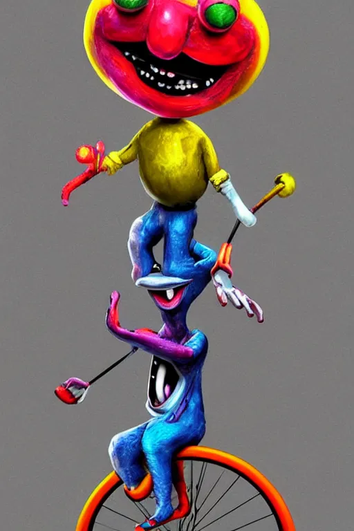 Prompt: a highly detailed painted 3 d model of an aaahh!!! real monsters clown on a unicycle : 1 | centered, colorful, matte background : 0. 9 | by james gurney : 1. 2 | unreal engine, deviantart, artstation, octane, finalrender, zbrush, keyshot, concept art, hd, 8 k resolution : 0. 8