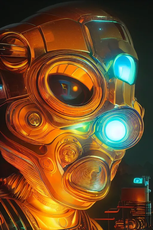 Image similar to ultradetailed retro-futurist illustration of an ornate robot radiating glowing color, digital airbrush painting, 3d rim light, hyperrealistic masterpiece, artstation, cgsociety, golden ratio