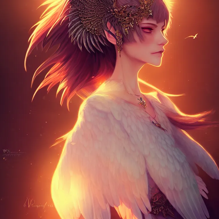 Prompt: Portrait of a beautiful elegant woman colors, angelic wings on her back, cat ears, luxurious necklass, sunset warm spring, centered full-body shot, fantasy, anime, vibrant, intricate details, trending on ArtStation, Deviantart, by WLOP