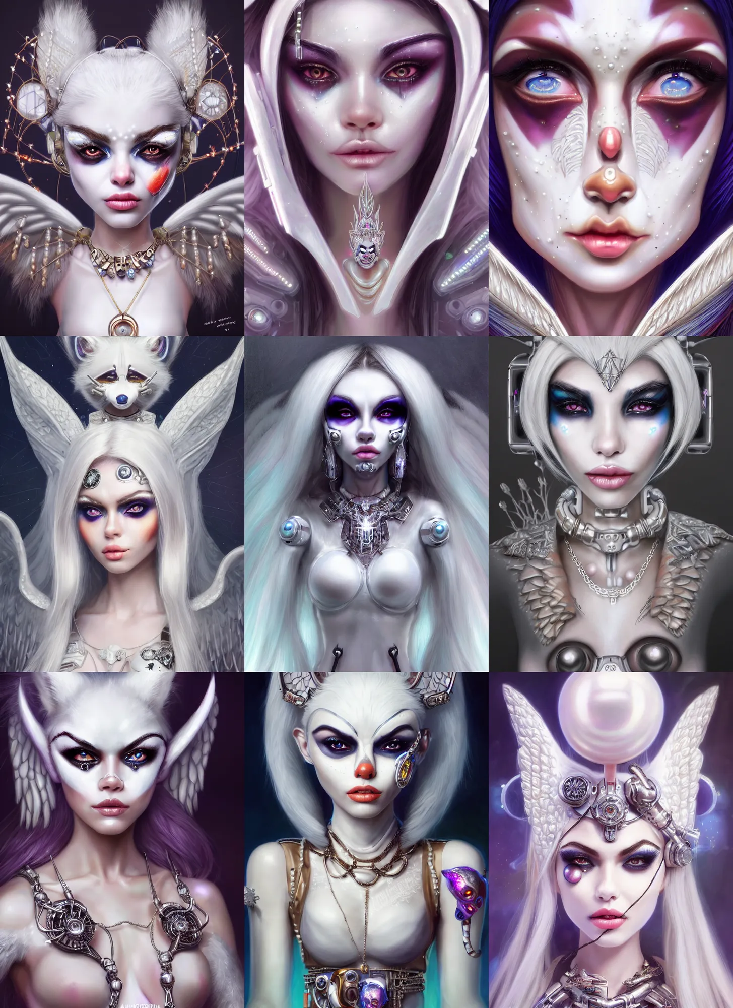 Prompt: ultra realistic, beautiful milk white clowncore pearl raccoon angel madison beer cyborg woman with elaborate jewelry, sci - fi, fantasy, cyberpunk, intricate, elegant, highly detailed, digital painting, ever after high, octane render, artstation, concept art, smooth, sharp focus, illustration, art by artgerm and loish and wlop