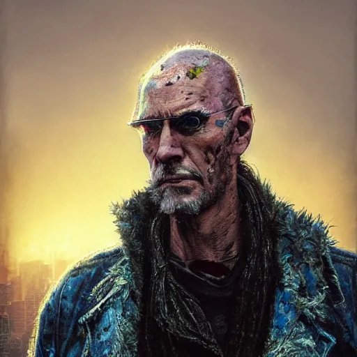 Prompt: cyberpunk, closeup portrait of a shaggy old cyberpunk fence, bald, tired eyes, tattered tweed jacket, dramatic light, city background, sunset, dystopian setting, high contrast, sharp, neuromancer, the finn, painted by stanley lau, painted by greg rutkowski, painted by stanley artgerm, digital art, trending on artstation