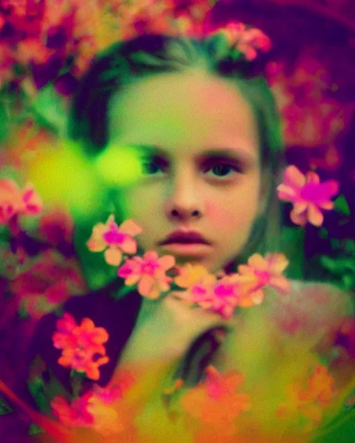 Prompt: oversaturated, burned, light leak, expired film, photo of a girl's serene face surrounded by multicolored flowers