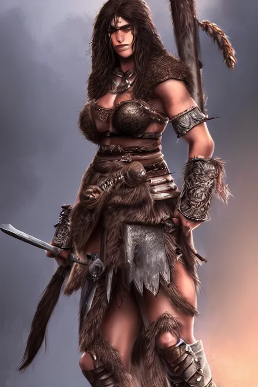 Prompt: Female barbarian, beautiful, light borwn hair, dark skin, brown eyes, detailed face, Plate armor, battle stance, high fantasy, extremely detailed, matte painting