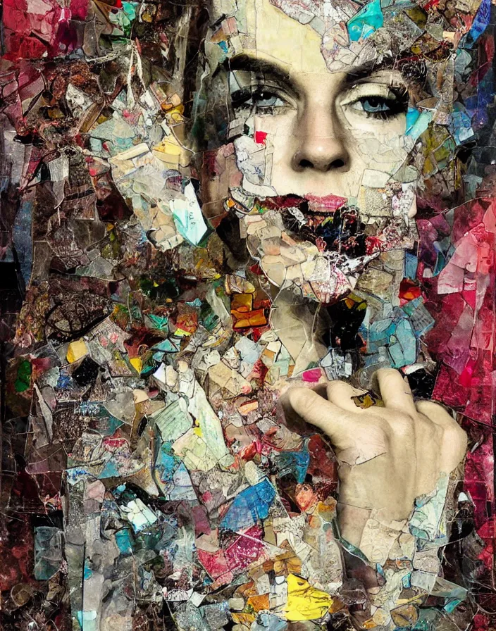 Prompt: beautiful distortion, digital collage, decoupage, assemblage, photomontage, canvas texture, contemporary art, punk art, photorealistic, portrait, expressionism, masterpiece, dynamic composition, spectacular quality, intricate oil details, broken glass