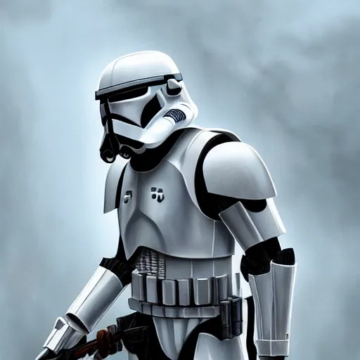 Image similar to full body shot of an imperial stormtrooper in battle position ready to shoot his blaster concept art by Doug Chiang cinematic, realistic painting, high definition, very detailed, extremely high detail, photo realistic, concept art, the Mandalorian concept art style