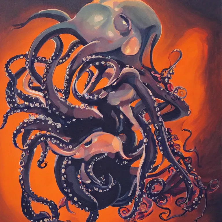 Image similar to a beautiful painting by greg tocchini of an octopus playing drums and telecaster guitar in an electronic concert, dark background, concert light, dark mood, warm lights