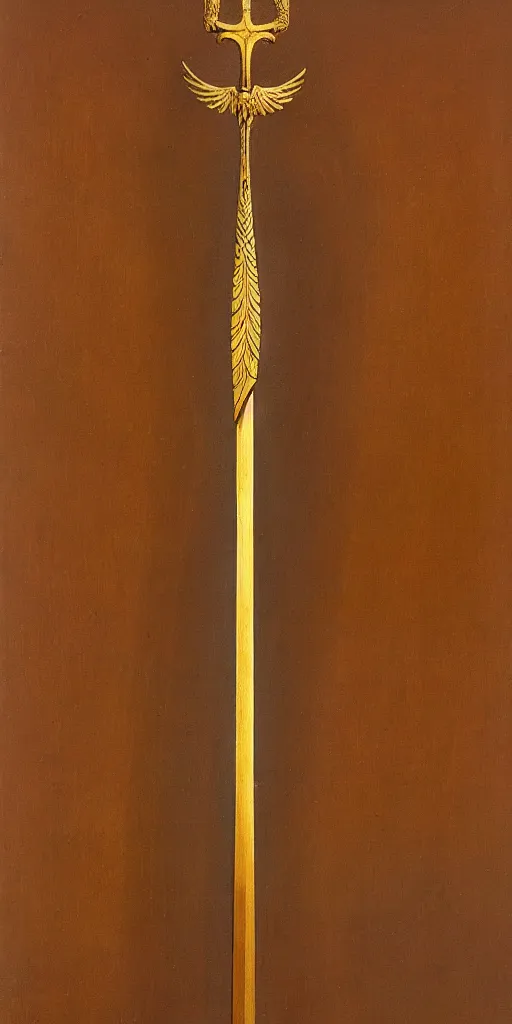 Prompt: a sword in the style of zdzisław beksinski, elegant, gold and oak inlay, wing motif, holy, wooden handle, golden blad