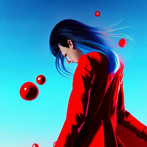 Image similar to giant droplets of water floating around a flying girl with wings, sky blue straight hair, low - angle shot from behind, red tailcoat, high collar, ultra fine detail, dark theme, digital painting, psychedelic, film still, cinematic, wlop, ilya kuvshinov, ross tran