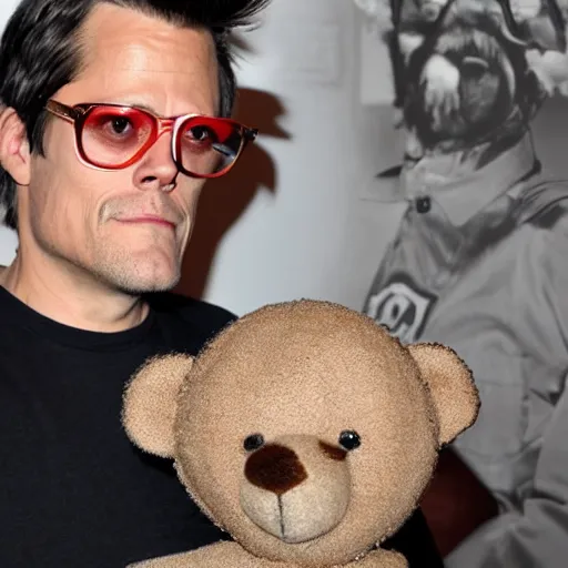 Image similar to Johnny Knoxville as a teddy bear, shoot out of a cannon, reality TV, landscape