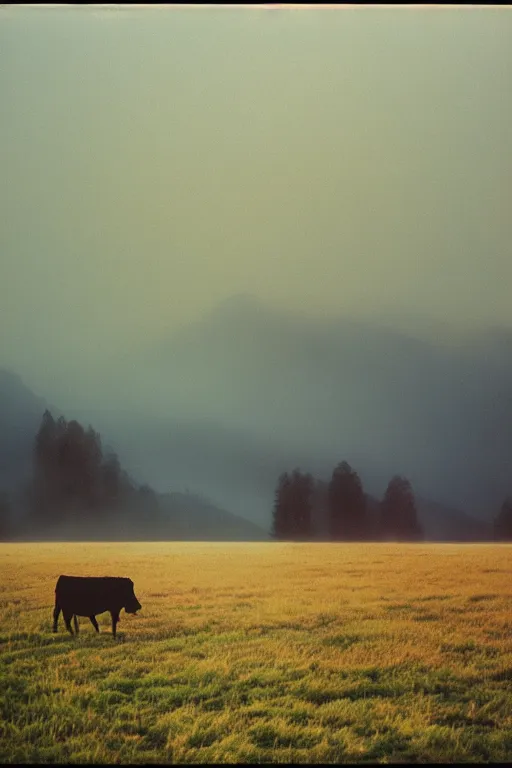 Image similar to film color photography, cow in the blue fog at the lawn, mountains in distance, 35mm