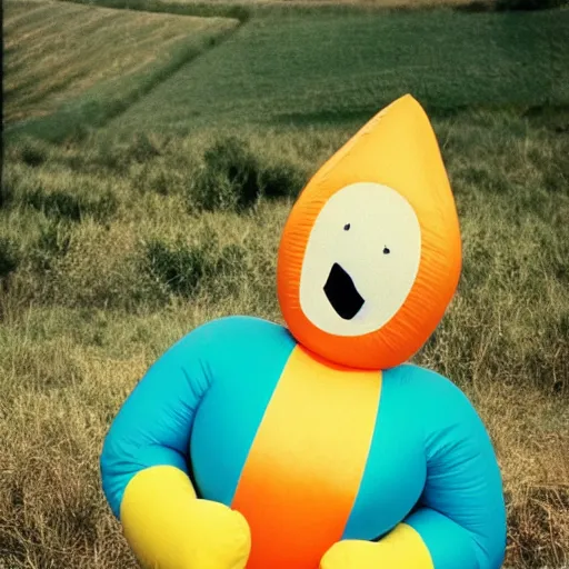 Image similar to middle-aged woman dressed as an inflatable toy, in the countryside 1979 arthouse film, archival footage, technicolor film expired film