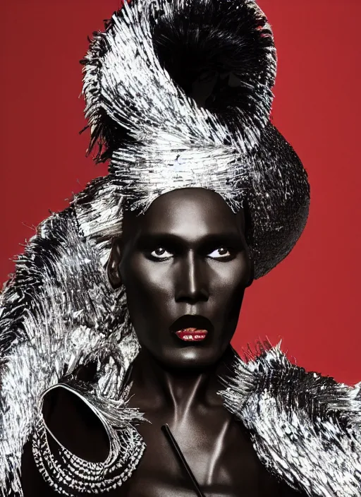 Image similar to grace jones styled by nick knight posing, set pieces, intricate set, vogue magazine, canon, highly realistic. high resolution. highly detailed. dramatic. 8 k. 4 k.