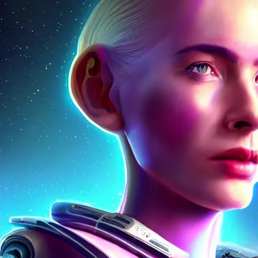 Image similar to celestial female machine, facial portrait, retro-futuristic, legendary epic shot, 90s make-up, galaxy space hunter, cyber implants, wires, low angle, dawn, by artgerm, julie bell, beeple and Greg Rutkowski, airbrush, science fantasy, 90s, concept art, realistic matte painting, Smooth gradients, octane render, 8k, High contrast, duo tone, depth of field, volumetric lightning, very coherent, symmetrical, skin pore detail