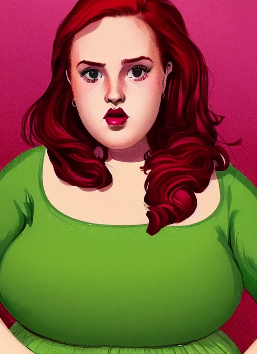 Image similar to full body portrait of teenage cheryl blossom, obese, bangs, green eyes, sultry expression, red hair, sultry smirk, bangs and wavy hair, pink skirt, fat, intricate, elegant, glowing lights, highly detailed, digital painting, artstation, concept art, smooth, sharp focus, illustration, art by wlop, mars ravelo and greg rutkowski