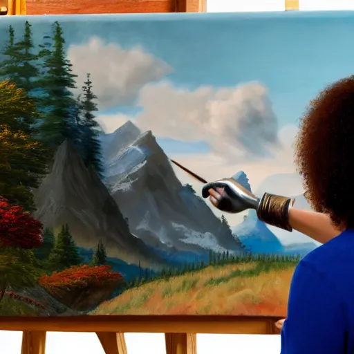 Image similar to a closeup photorealistic photograph of bob ross working on a canvas painting of wonder woman. film still. brightly lit scene. mountains and trees. this 4 k hd image is trending on artstation, featured on behance, well - rendered, extra crisp, features intricate detail, epic composition and the style of unreal engine.