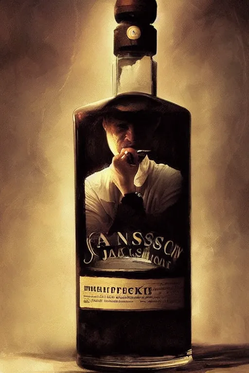 Prompt: imagine a ship in a bottle but instead of a ship a young jack nicholson is in the bottle, jack nicholson, fancy whiskey bottle, masterpiece painting by greg rutkowski