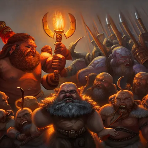 Prompt: painting of a dwarven berserker fighting a crew of crazy goblin warriors, sharp focus, high coherence, award - winning, trending on artstation, masterpiece, highly detailed, intricate. art by christopher rush