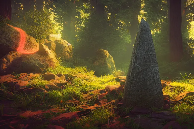 Image similar to super detailed color lowpoly art, thick overgrown forest grove, ancient stone obelisk featuring subtle glowing magic runes, emitting soft nature magic particles, unreal engine, retrowave color palette, 3 d render, lowpoly, colorful, digital art, perspective