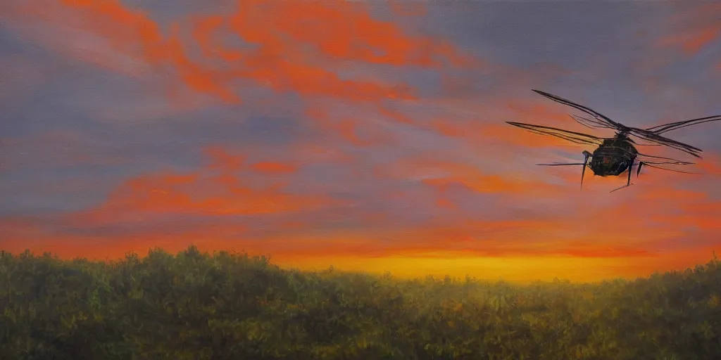 Image similar to Painting of vietnam American helicopters, above a forest, orange sun set, abstract, realism, 8k, detailed, glow