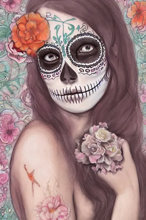 Prompt: Illustration of a sugar skull day of the dead girl, art by monia merlo