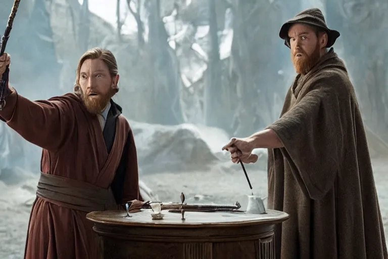 Prompt: film still, kenobi in a wizarding pointy hat waves a wand in the new harry potter movie,