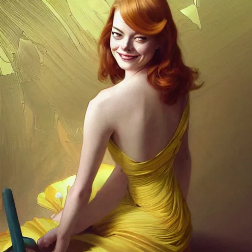 Prompt: a smiling emma stone wearing a yellow dress and reading a book, masterpiece, intricate, elegant, highly detailed, digital painting, artstation, concept art, smooth, sharp focus, illustration, art by artgerm and greg rutkowski and alphonse mucha and uang guangjian and gil elvgren and sachin teng, symmetry!!