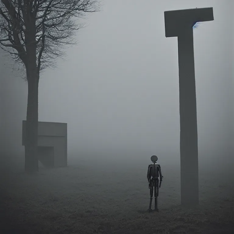 Image similar to a sole lanky liminal observer droid by dennis mejillones, in a brutalist yet rural landscape by simon stalenhag, 3 5 mm film photography, dawn, eerie fog