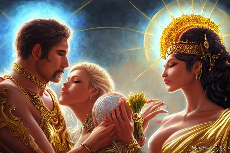 Image similar to close up moment of a divine a sun god and a moon goddess lovers magician at a wedding banquet, highly detailed, d & d, fantasy, highly detailed, digital painting, trending on artstation, concept art, sharp focus, illustration, art by artgerm and daniel gerhartz and magali villeneuve