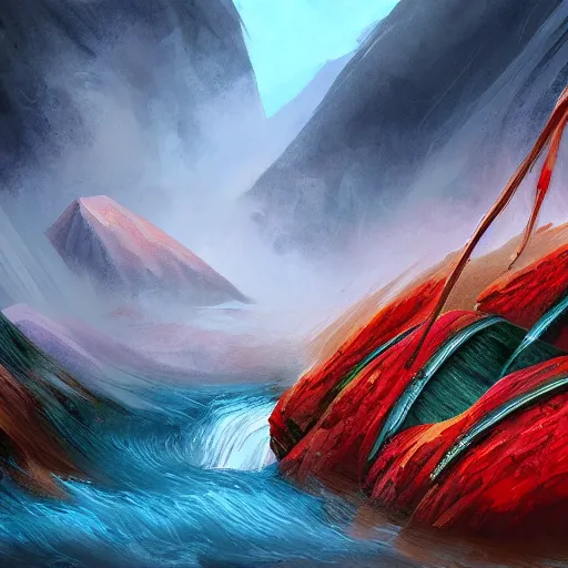 Image similar to a waterfall of blood falls from the top of the mountain, the demons sail along it in canoes, vivid color, highly detailed, mistic atmosphera, digital painting, artstation, concept art, matte, sharp focus, manga style,