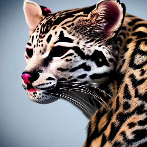 Prompt: profile shot of a neon ocelot, city lights, strong bokeh, dramatic, cinematic, high contrast, octane render, 4k