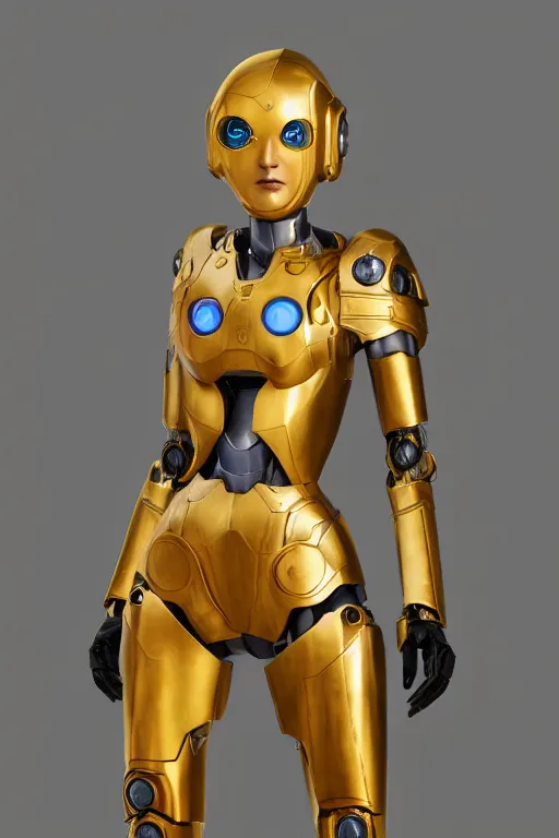 Image similar to maria of metropolis, humanoid robot, golden full body armor, beautiful helmet in the shape of a face, cyborg eyes glowing yellow, scifi, futuristic, raytracing, glowwave, sharp focus, cinematic lighting, artstation, divine, unreal engine 5 rendered, by fritz lang, art style by pixar warner bros dreamworks disney riot games and overwatch