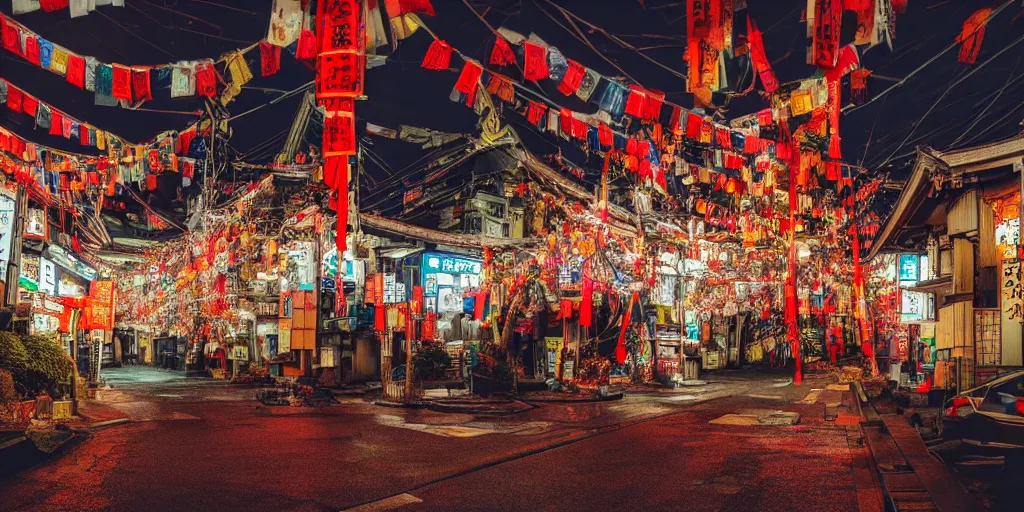 Image similar to a Japanese cyberpunk shrine, snowing, photograph,, sharp focus, intricate detail, high resolution, 8k, neon streetlights, wires hanging down everywhere, Japan, colourful, prayer flags