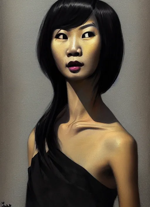 Image similar to portrait of a thai woman with crooked nose and a confident expression, 1 9 6 0 s, black clothes, goth, punk, brightly coloured hair, funk, intricate, elegant, highly detailed, digital painting, artstation, concept art, smooth, sharp focus, illustration, art by wlop, mars ravelo and greg rutkowski